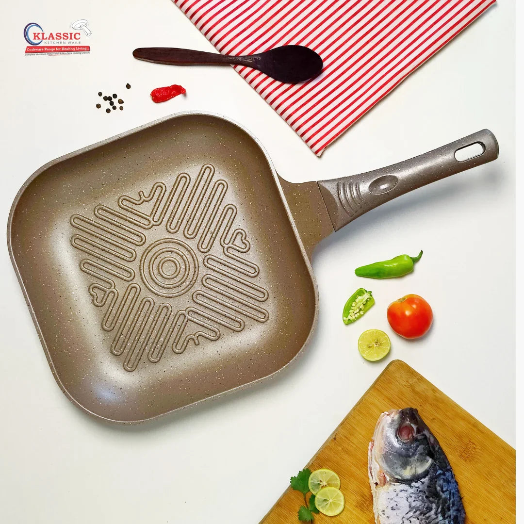 Klassic Nonstick Grill Pan - Suitable for All Stoves - Best Food Griddles | Dishwasher Safe | Stay Cool Long bakelite Handle - Klassic Kitchenware UK
