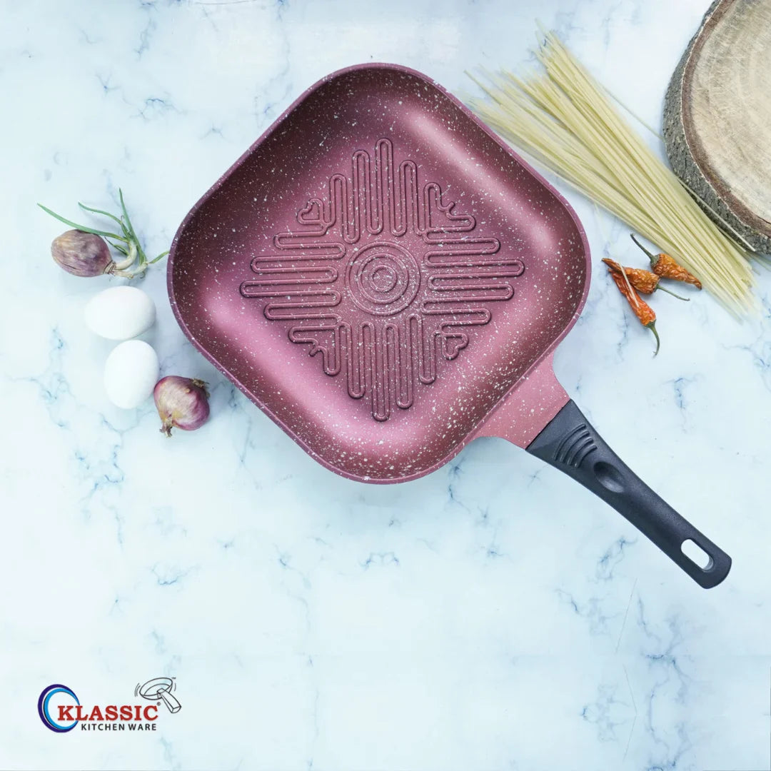 Klassic Nonstick Grill Pan - Suitable for All Stoves - Best Food Griddles | Dishwasher Safe | Stay Cool Long bakelite Handle - Klassic Kitchenware UK
